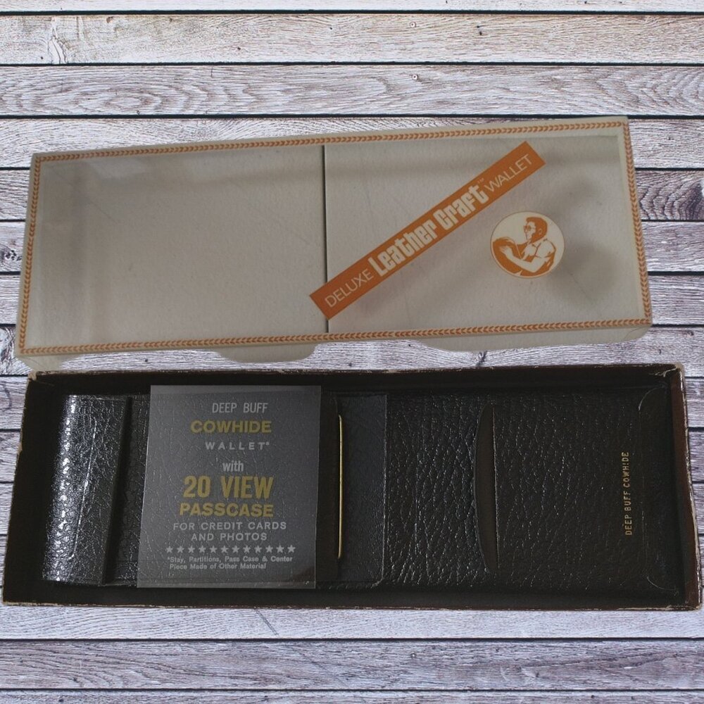 Deluxe Leather Craft Men's Black Cowhide Bifold Billfold Pebbled Vintage NEW